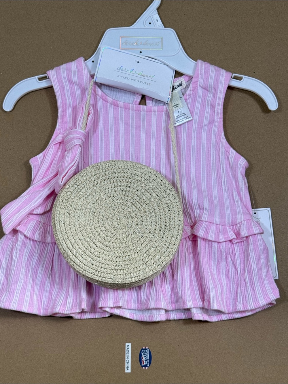 Derek Heart Pink Striped Ruffle Tank with Round Straw Crossbody Bag